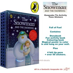 Snowman and The Snowdog Keepsake Gift Tin Book Activity Pens Stickers